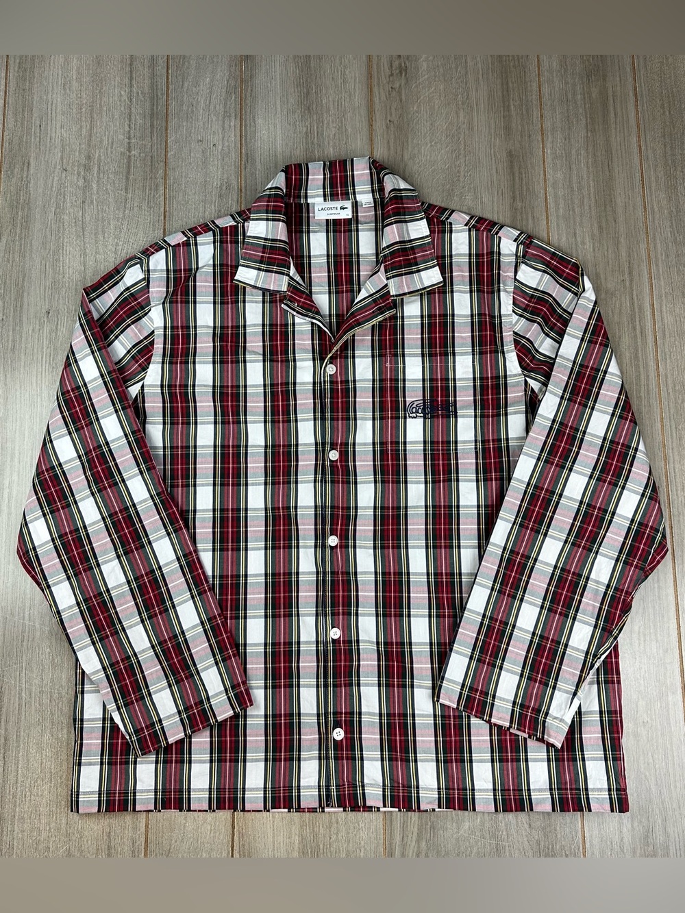 Lacoste Sleepwear Button Up Poplin Pajama Shirt Men’s XL Plaid Cotton EUC